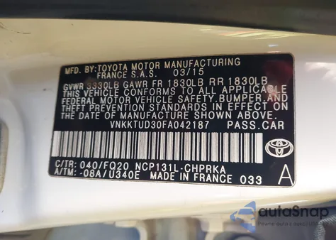 2015 Toyota Yaris L из США, поврежденный, VIN VNKKTUD30FA042187